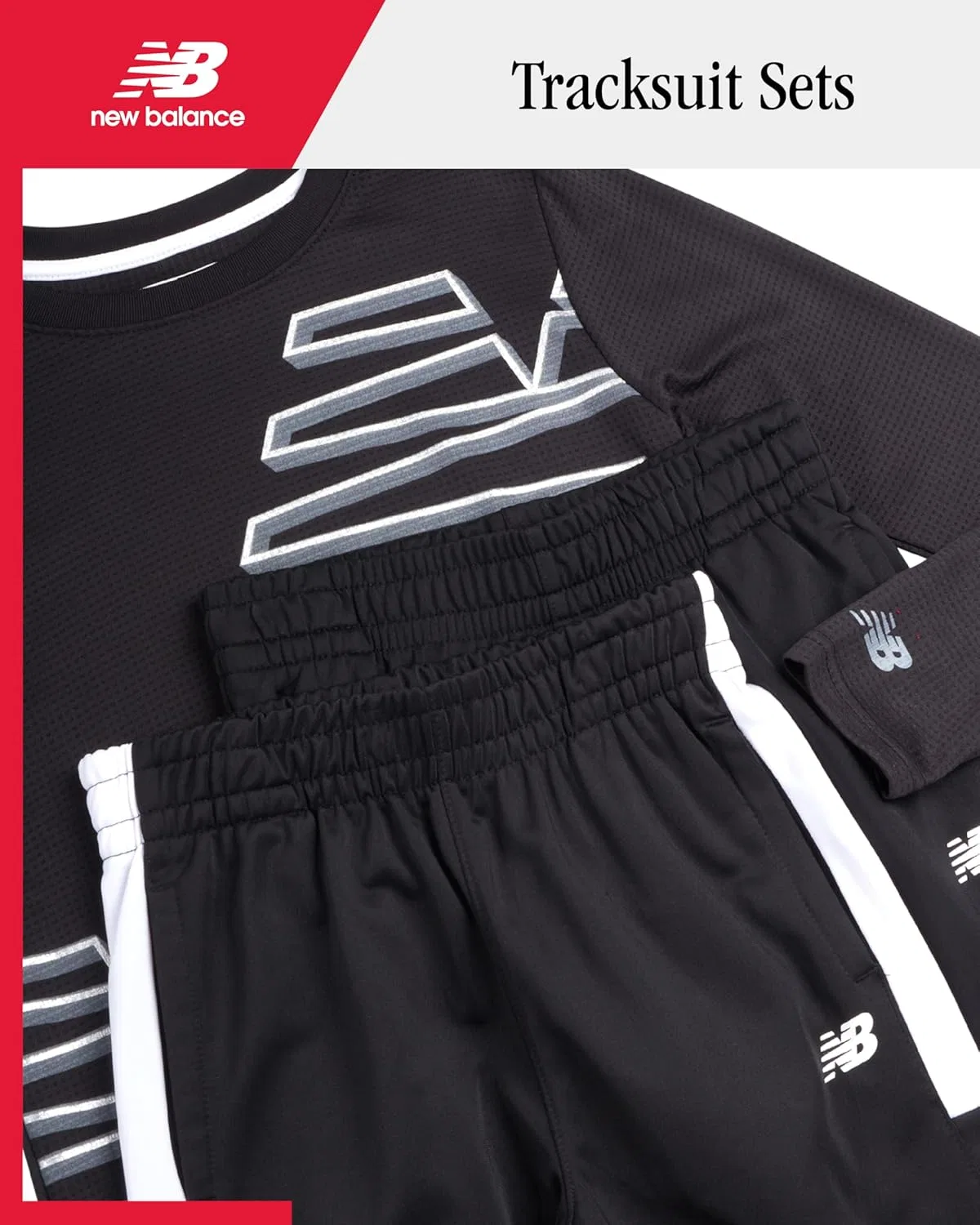 Трехпредметный спортивный костюм для мальчиков New Balance, вафельная футболка и двое трикотажных брюк, Black/Black — фото 2