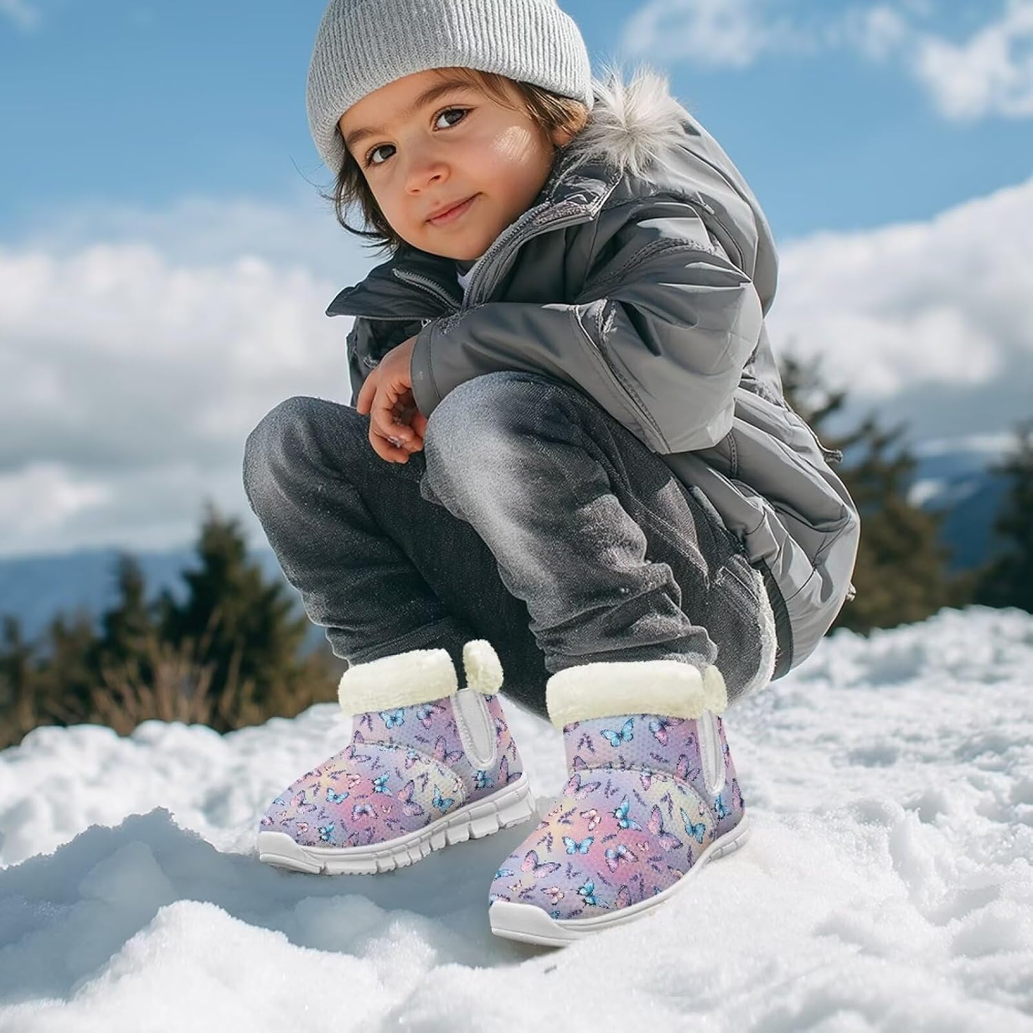 

Детские зимние сапоги для девочек, водонепроницаемые, противоскользящие, для холодной погоды, с искусственным мехом, походные ботинки Goronwyfloyd, Colorful Butterfly