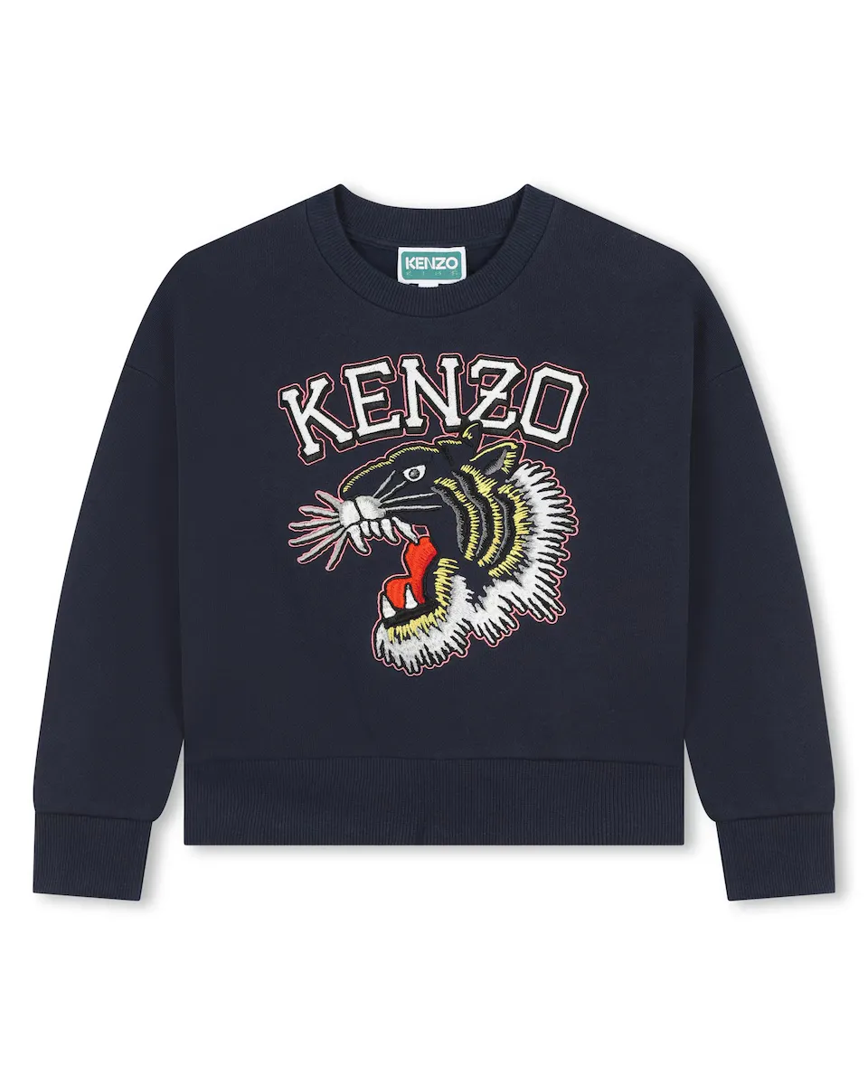 

Толстовка для девочек из 100% хлопка с вышивкой спереди Kenzo Kids, темно-синий