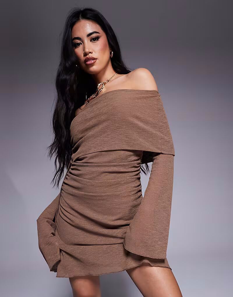 

Коричневое мини-платье ASOS DESIGN с лифом-бардо и завязкой в рубчик