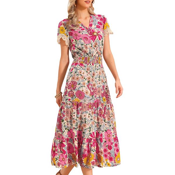 

Женское богемное платье с v-образным вырезом, коротким рукавом и сборкой Inspire Chic