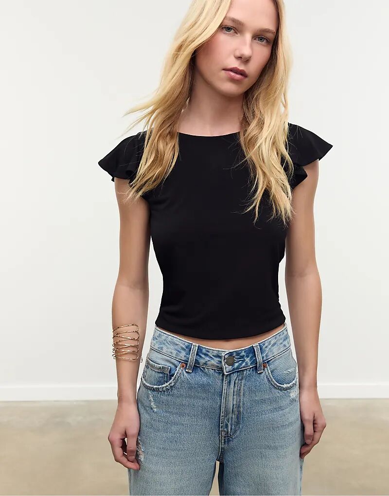 

Топ Stradivarius с оборками и открытой спиной, черный