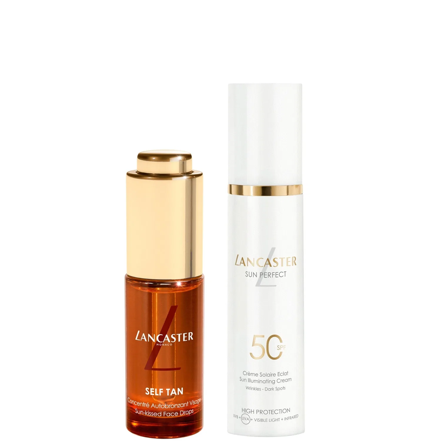 Набор: автозагар Lancaster Auto Tan Sun-Kissed Face Drops 15 мл + осветляющий крем Sun Perfect SPF 50 Lancaster Sun Care