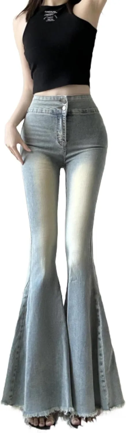 

Слим джинсы с высокой талией и расклешенным низом для женщин, Vintage, Stretch, Bootcut, Button Fly