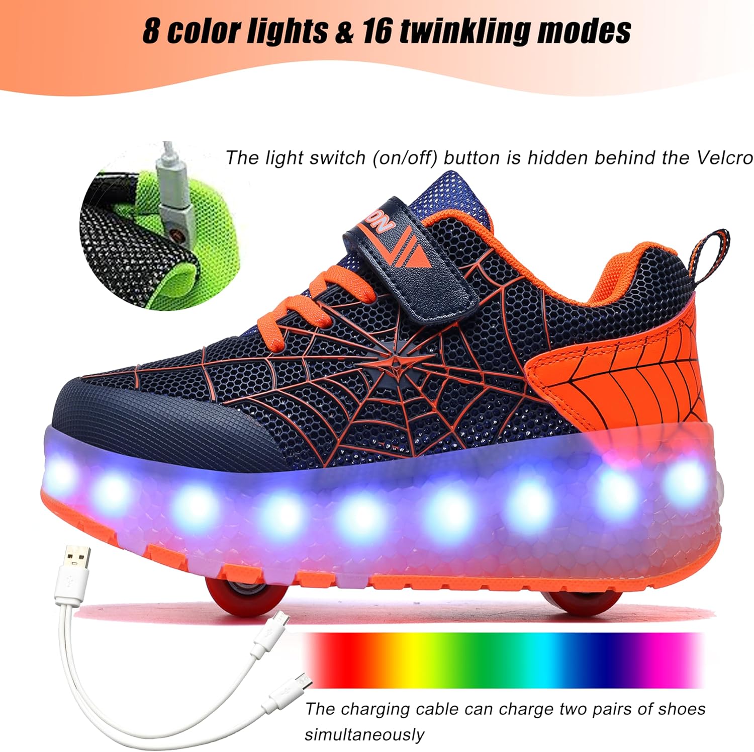 Детские роликовые кроссовки Aikuass с USB-подзарядкой и светящейся LED-подсветкой для мальчиков и девочек, черный/оранжевый — фото 2