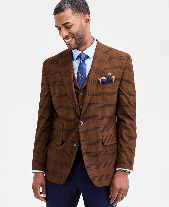 

Мужской классический пиджак-двойка коричневого/темно-синего цвета в клетку Tayion Collection