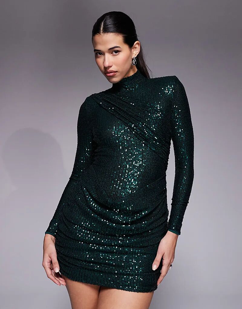 

Мини-платье Ruched & Ready с пайетками, съемными подплечниками, высоким воротом, драпировкой спереди и сборками на юбке изумрудного цвета