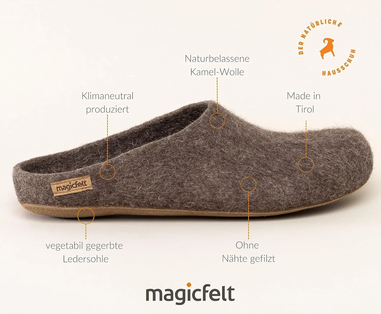 Войлочные тапочки Magicfelt AR 727 из редкой шерсти для мужчин и женщин, высококачественные тапочки, анатомически сформированная стелька, нескользящая кожаная подошва, Camel — фото 3