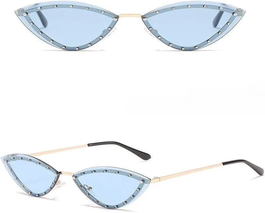

женские элегантные солнцезащитные очки в форме кошачьих глаз из сплава без оправы, украшенные кристаллами и блестками, зеленого цвета JWMSXYQR, Gold-blue