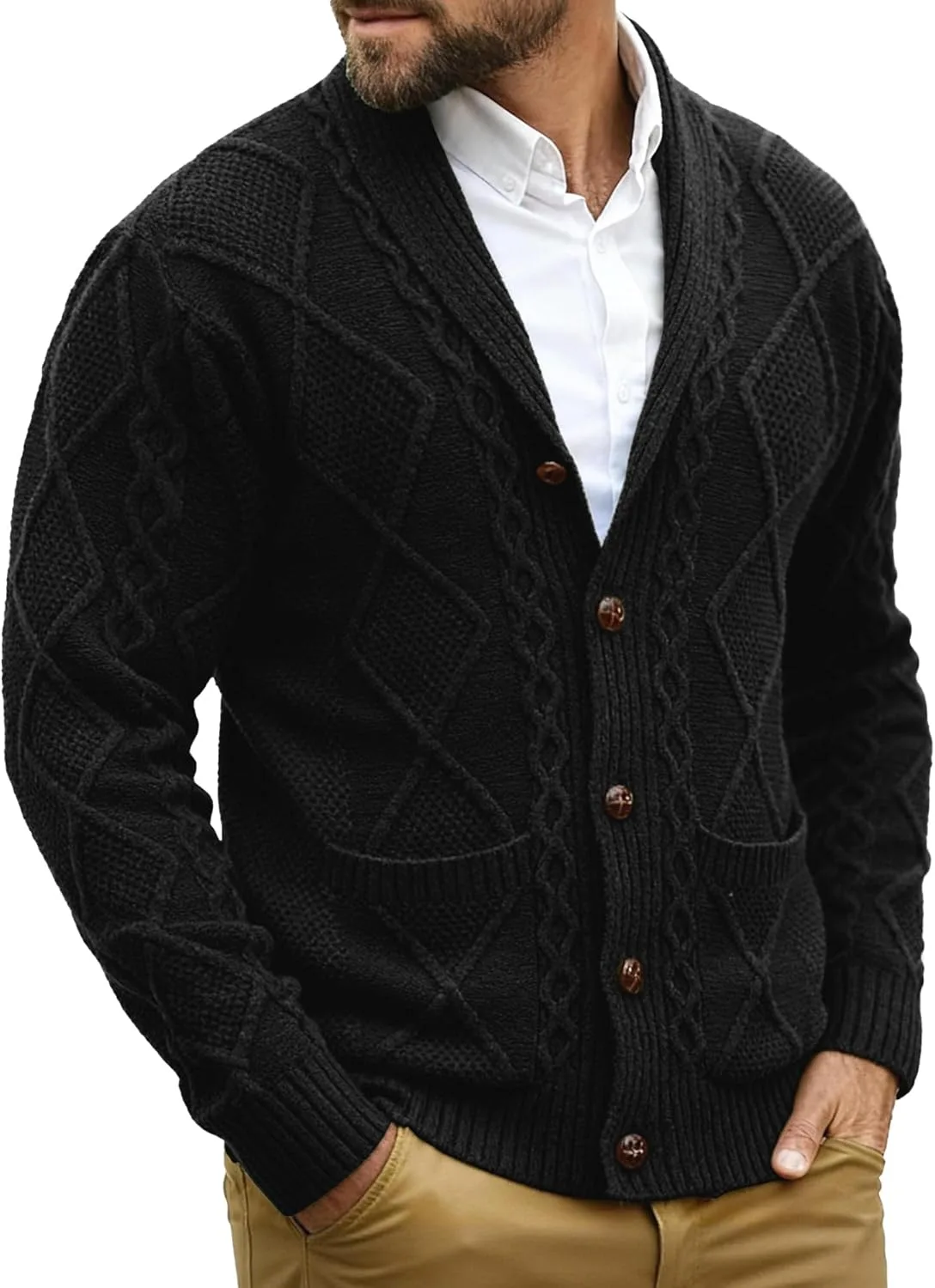 

Кардиган Comdecevis с воротником-шалью и кабельной вязкой