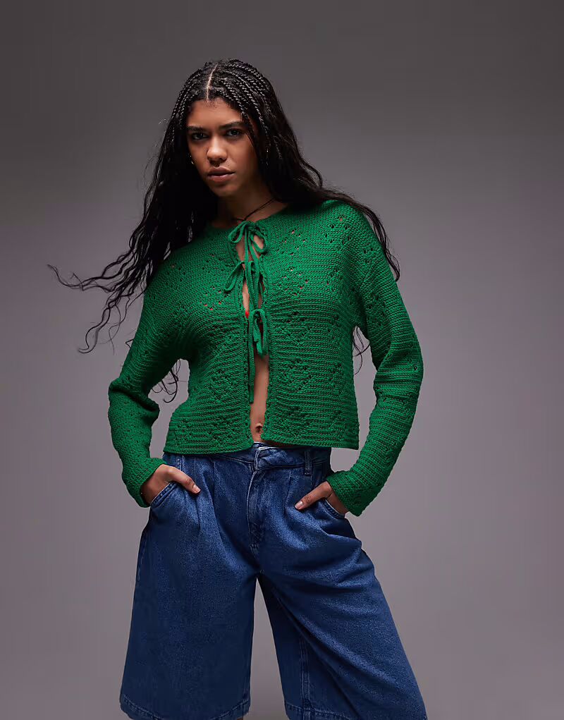 

Вязаный кардиган Topshop с завязками-ажурами зеленого цвета