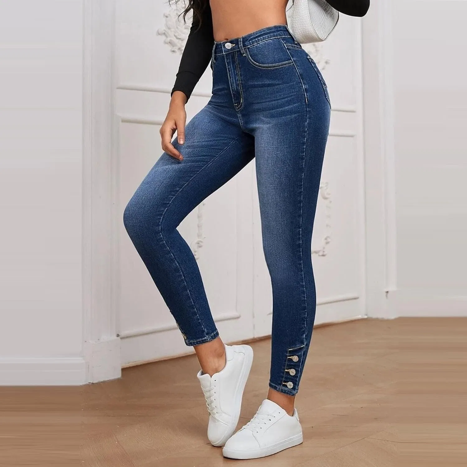 Джинсы скинни High Waisted, темно-синие — фото 4