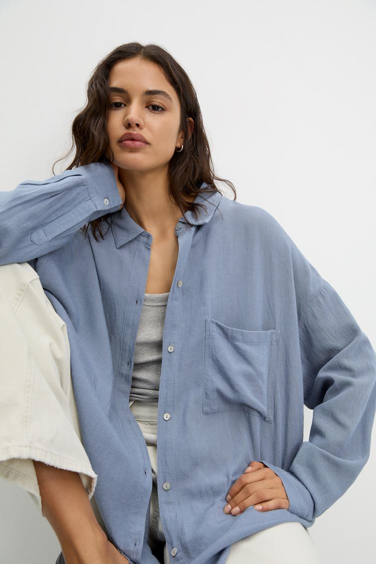 

Рубашка свободного покроя в деревенском стиле Pull And Bear, синий