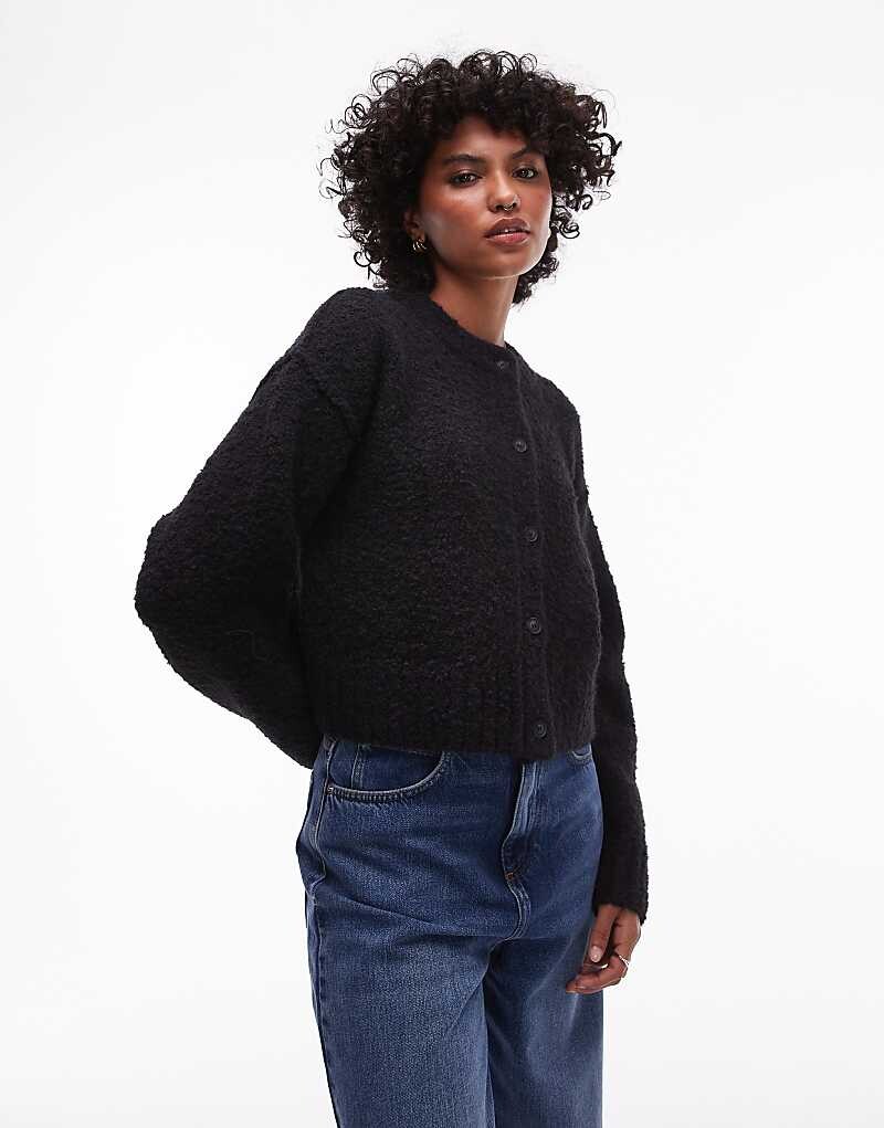 

Черный кардиган с круглым вырезом букле Topshop