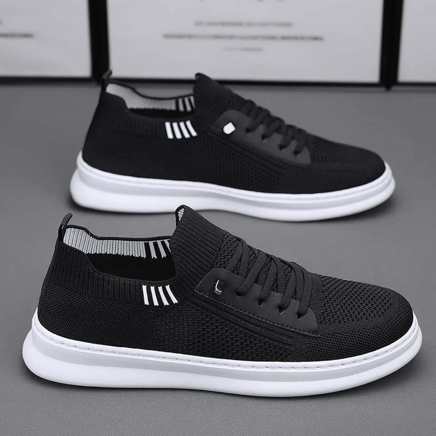 Мужские легкие дышащие кроссовки для бега, тренажерного зала, прогулок и активного отдыха, комфортные сетчатые, слипоны на шнуровке Generic, черный — фото 2