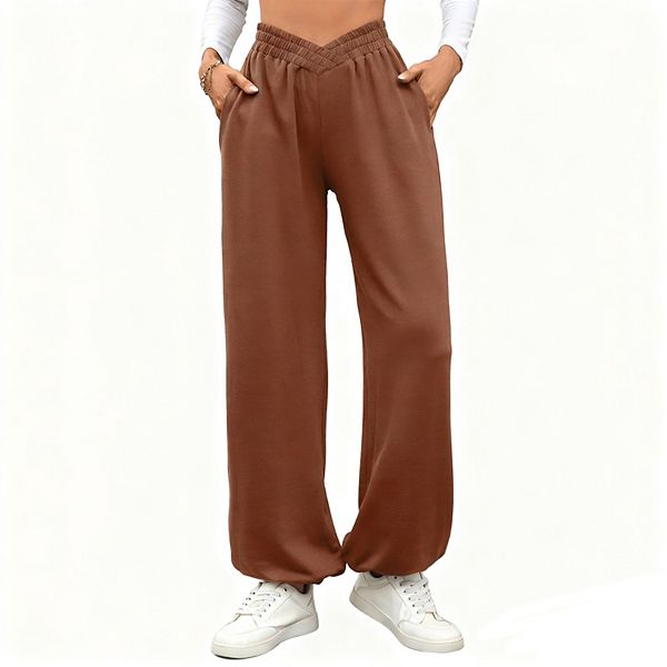 

Женские брюки casual с V-образной талией, эластичным поясом и карманами Clearflower, Brown