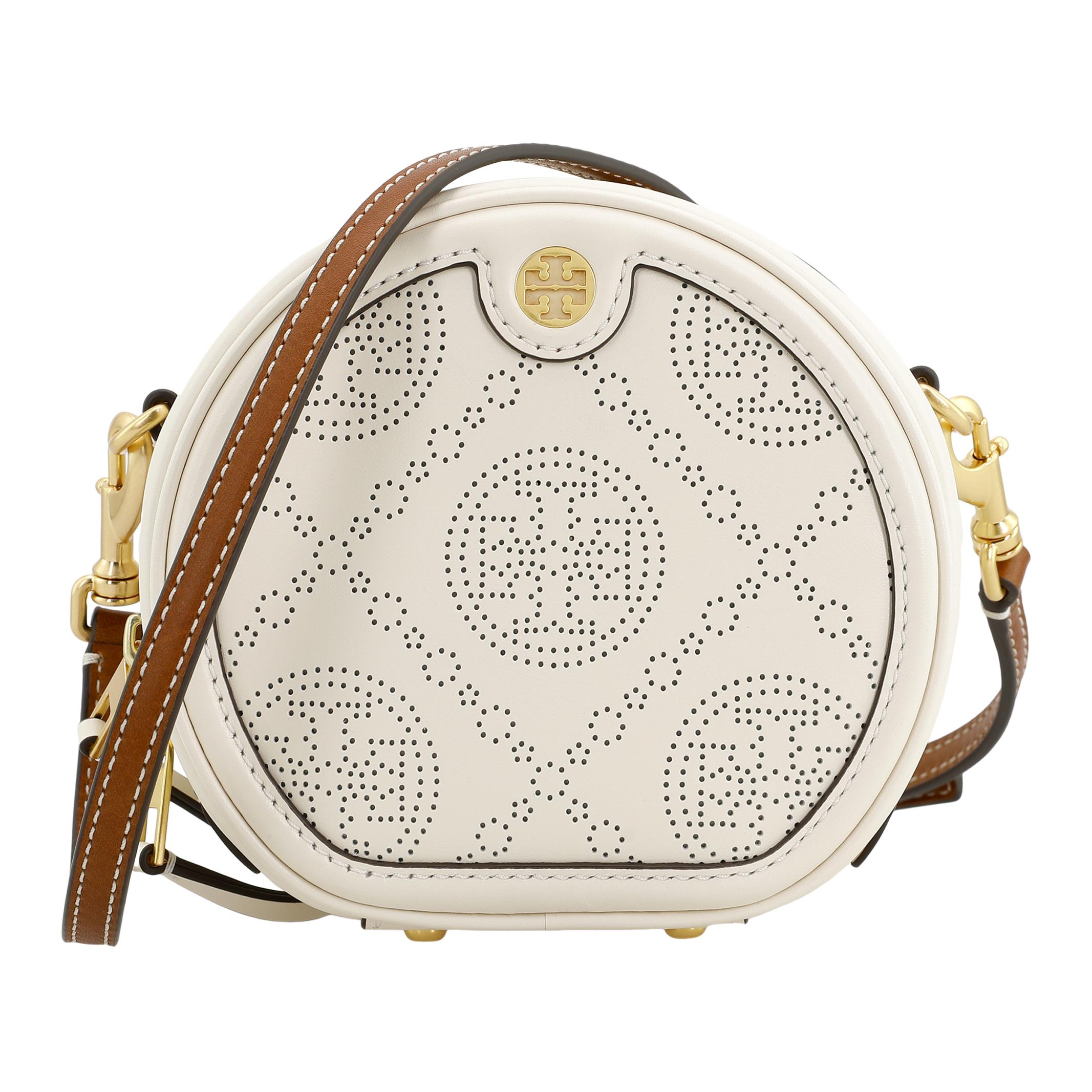 

TORY BURCH Монограмма jacquard кожаная круглая сумка через плечо, мини женская ivory