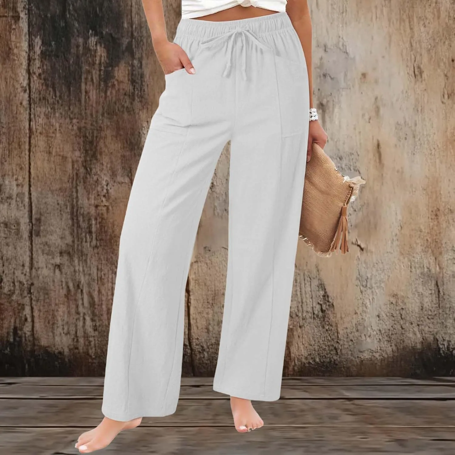 Льняные брюки женские летние 2026 Casual Loose Lightweight с Drawstring и Elastic Waist Straight Leg — фото 2