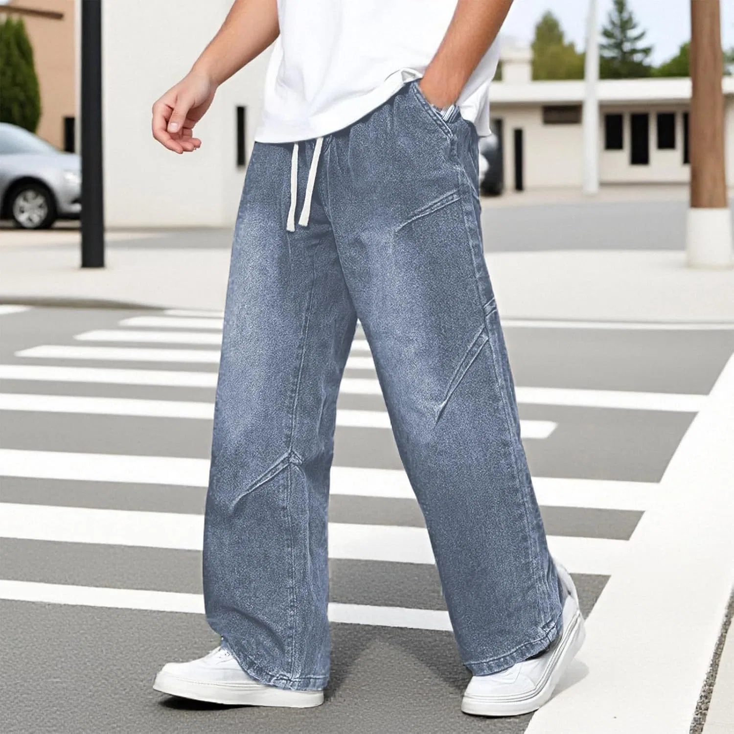 Джинсы свободные мужские, Y2K Streetwear, A02-blue — фото 2