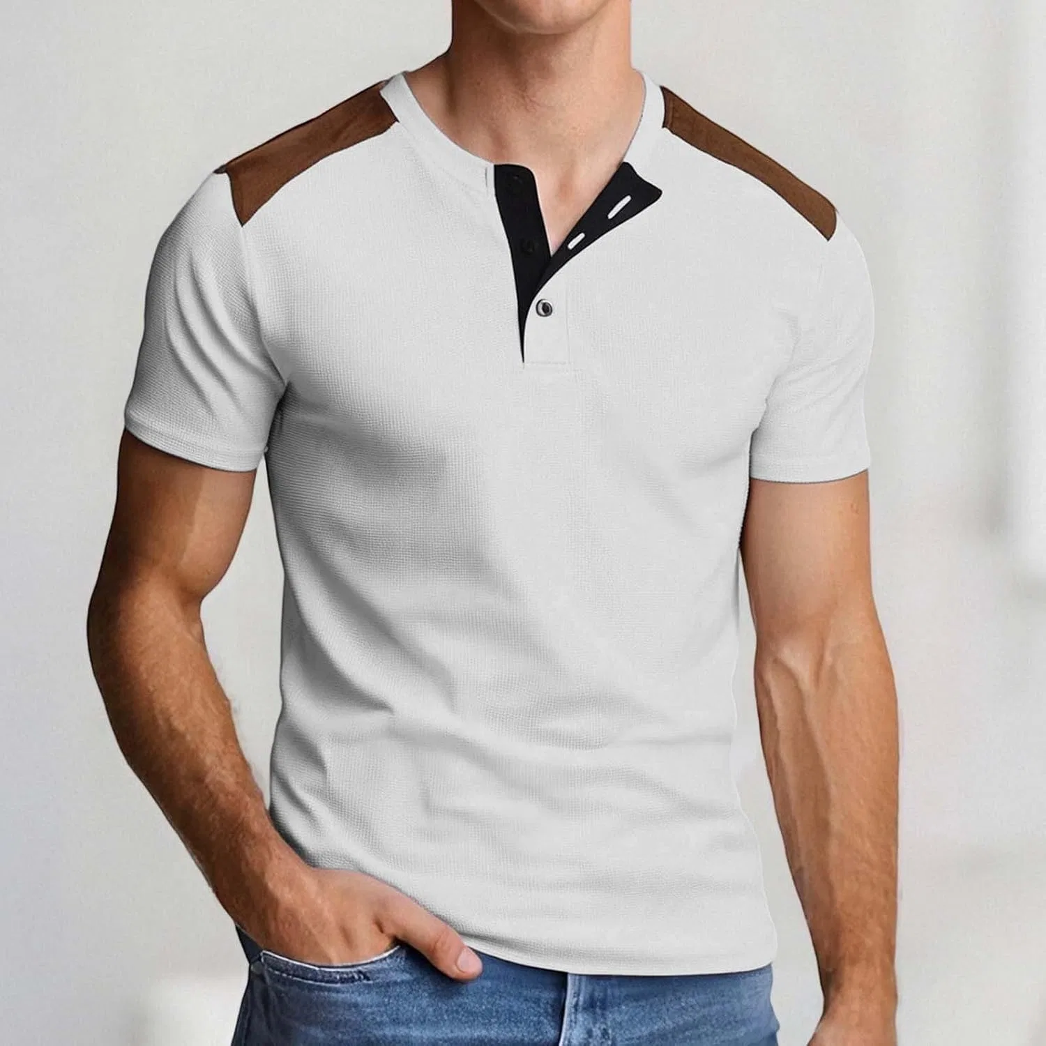 Мужская рубашка Slim Fit на молнии, дышащая, с эластаном, для лета, повседневная и комфортная Generic, светло-серый — фото 2