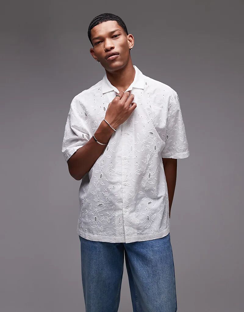 

Рубашка Topman с короткими рукавами и стандартным воротником, белая, с вышивкой