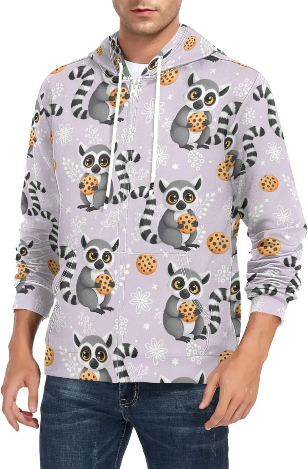 

Мужская толстовка с полной молнией Cute Lemurs Holding Cookies, с длинными рукавами и карманом CUPADA