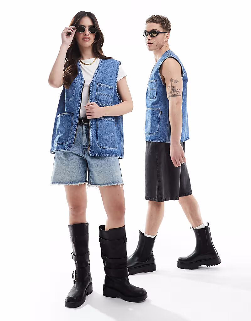 

Топ Dr Denim унисекс Denver Worker Vest на молнии, рабочая одежда, топ в стиле ретро, ​​контрастная стирка