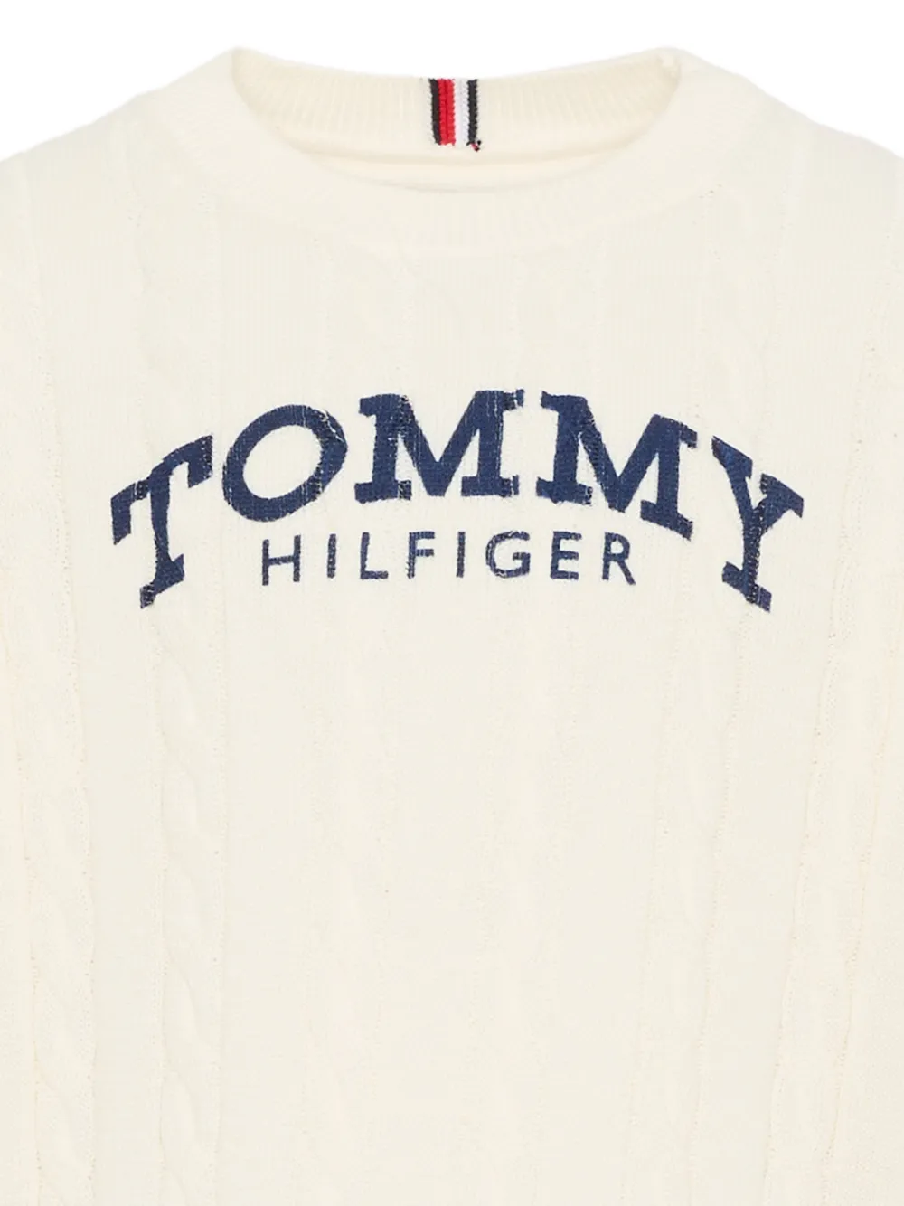 Кабельный вязаный свитер с принтом-логотипом Tommy Hilfiger Junior, бежевый — фото 2