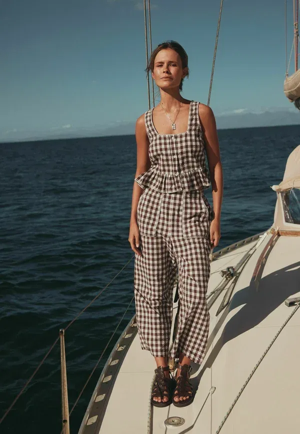 Блуза Next, Petite fit lobster print peplum square neck top, шоколадно-коричневая клетка
