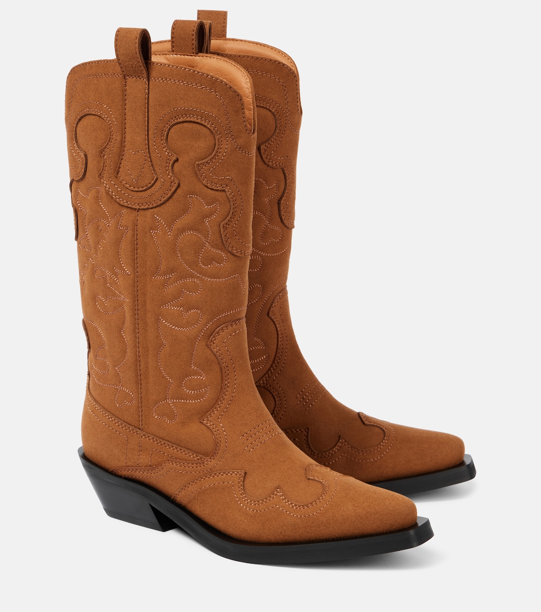 Вышитые ковбойские сапоги из искусственной кожи Ganni, Tobacco Brown