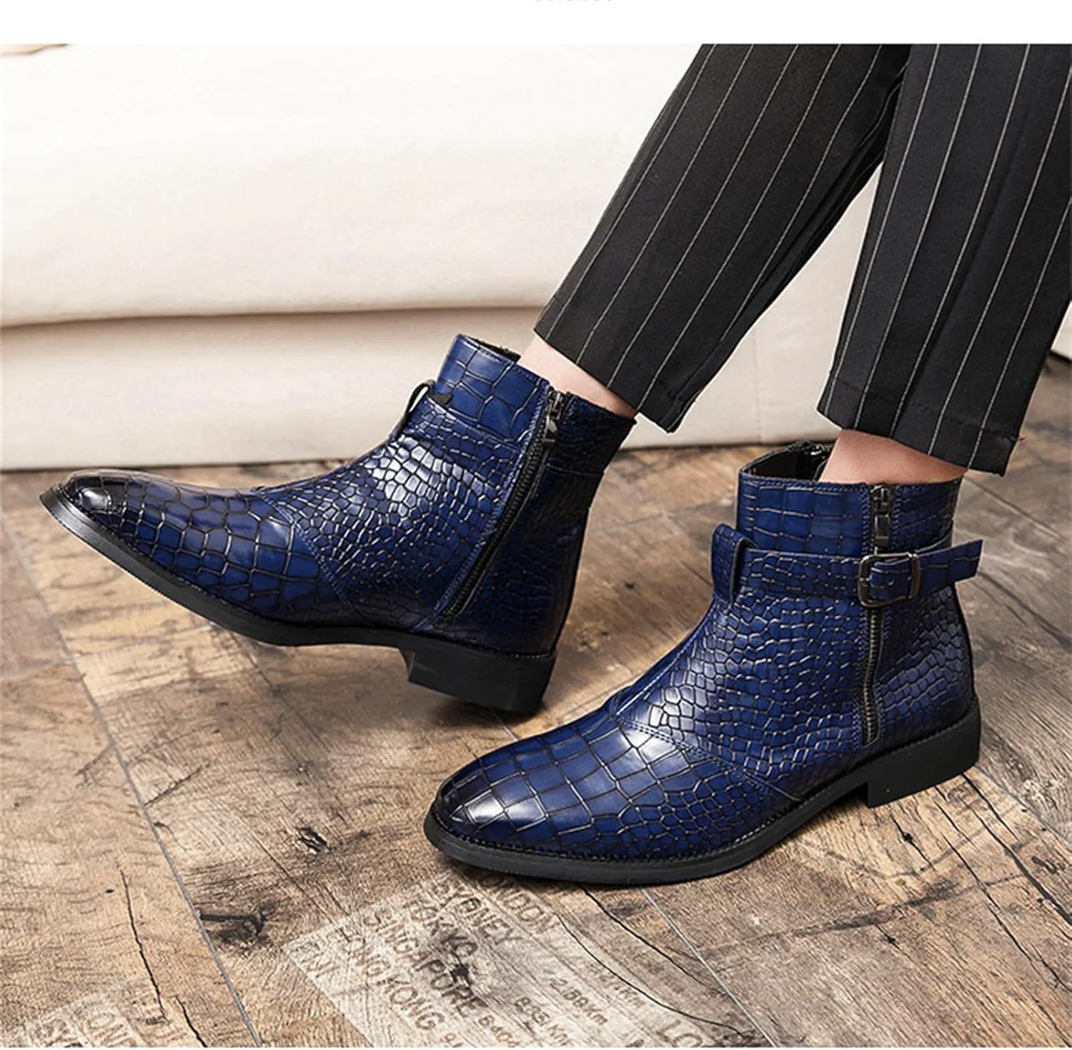 Кожаные ботильоны Yuizko Men'S с боковой молнией, модель Chelsea, модные низкие каблуки, заостренный носок, пряжка, повседневные короткие ботинки, синий — фото 4