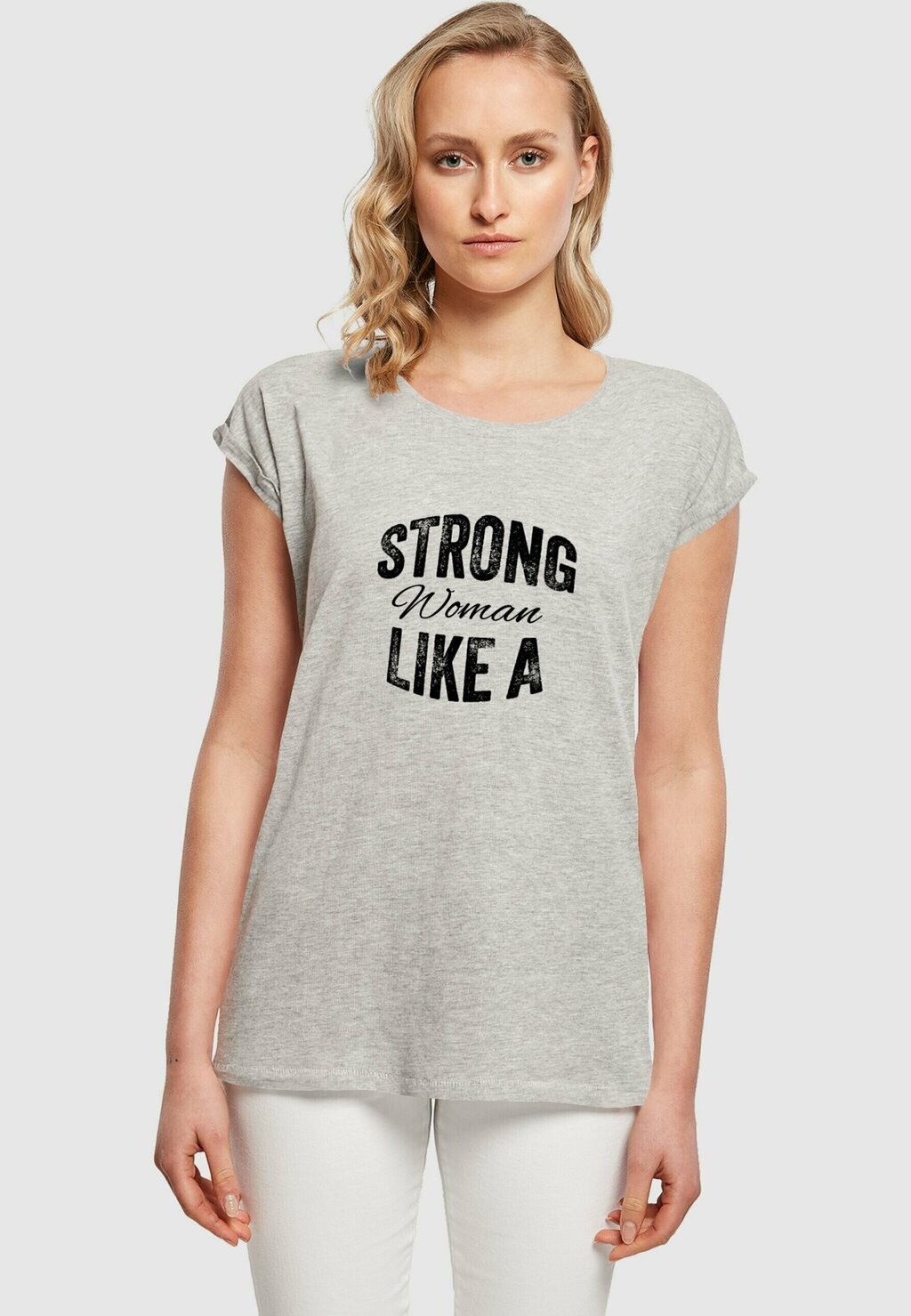

Футболка с принтом STRONG LIKE A WOMAN EXTENDED SHOULD Merchcode, серый