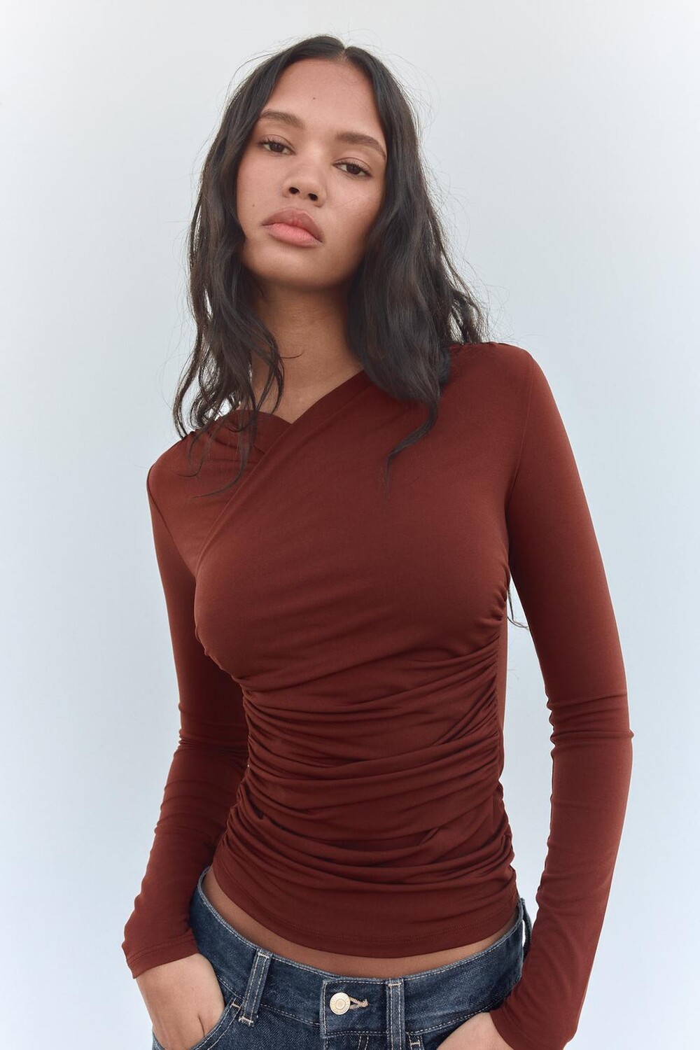 

Драпированный топ ZARA, коричневый