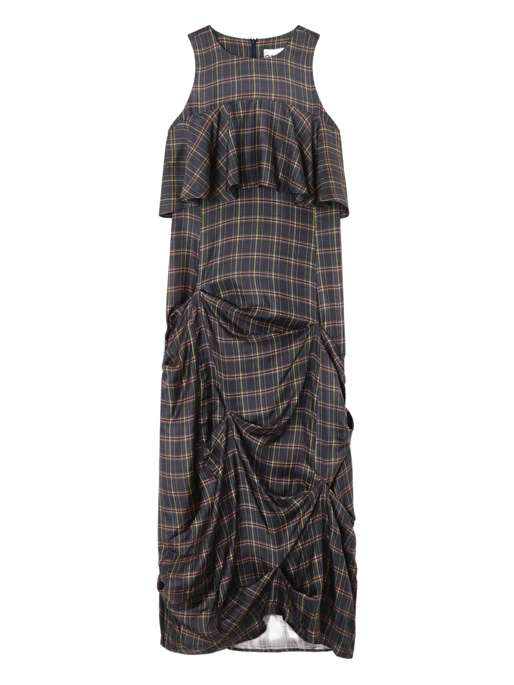 

Клетчатое платье миди с оборками Ganni, серый