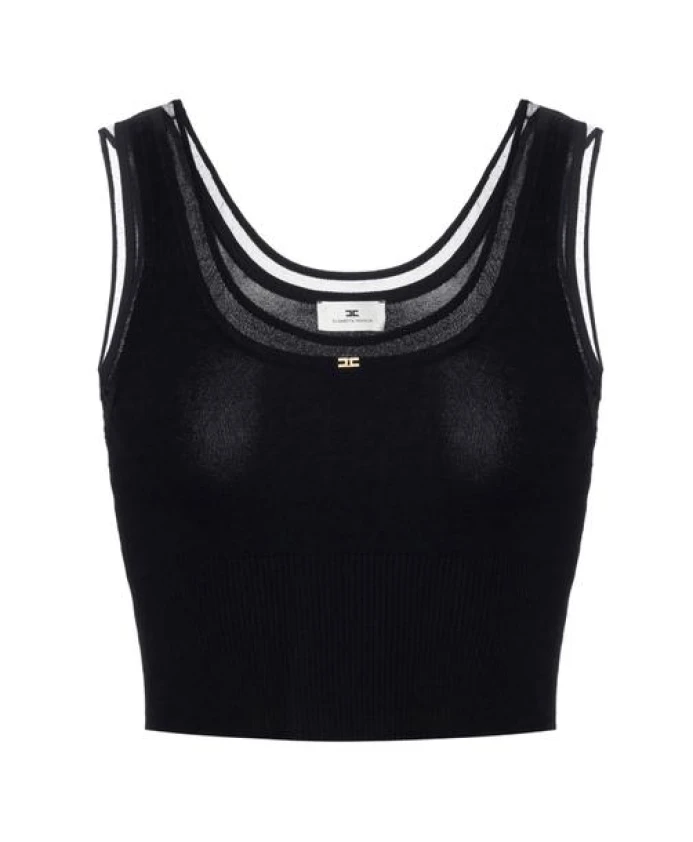 

Вязаный топ в рубчик с декоративным логотипом Elisabetta Franchi, черный