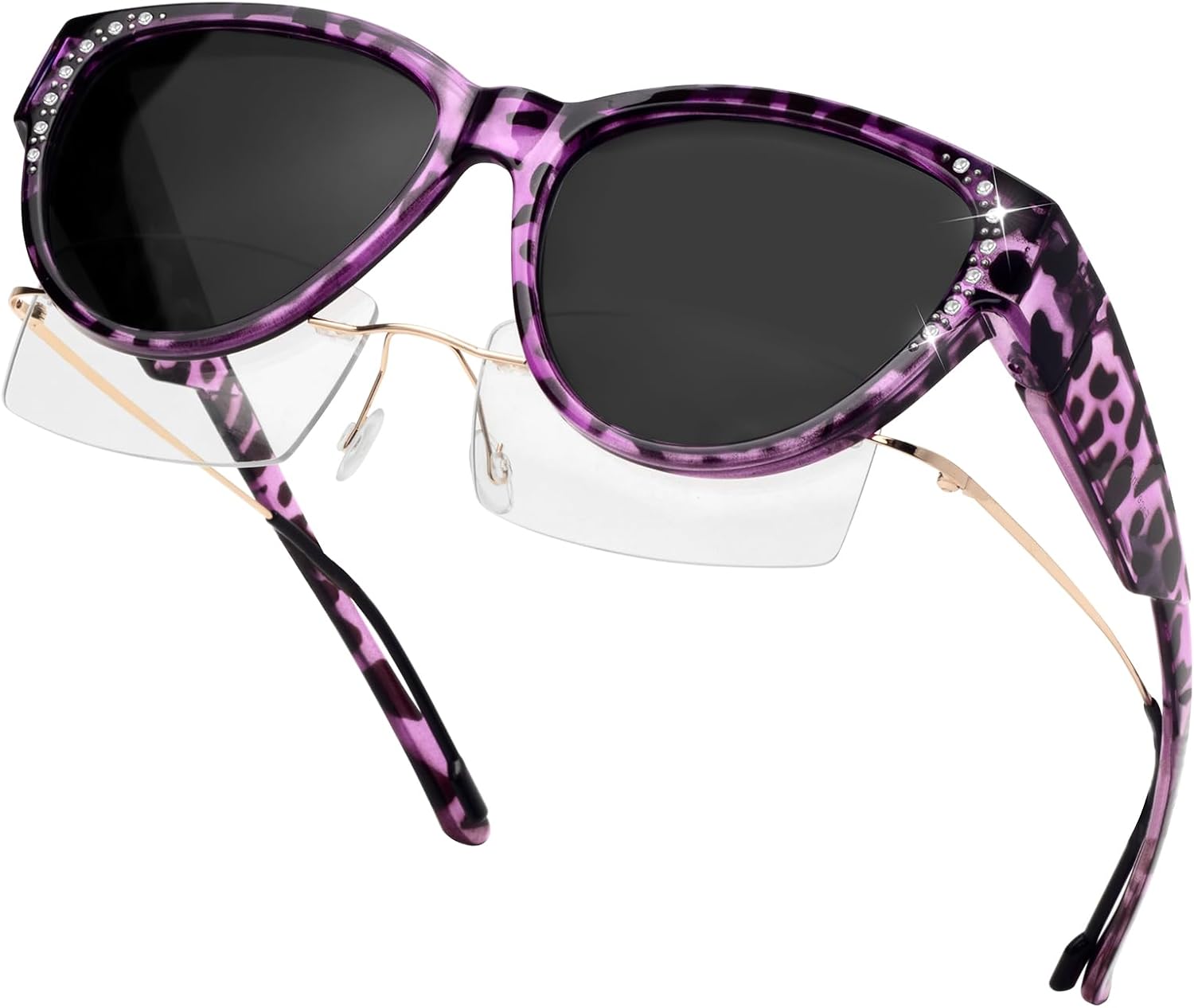 

Солнцезащитные очки с поляризованными линзами и стразами, надеваемые поверх обычных очков, легкие, с защитой от УФ-излучения UV400, для женщин Face Shadow, Purple Leopard Frame / Grey Lens