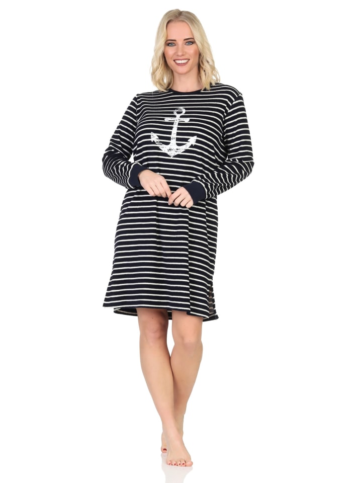 

Ночная рубашка из махровой ткани с длинными рукавами и манжетами в морском стиле, цвет темно-синий. NORMANN