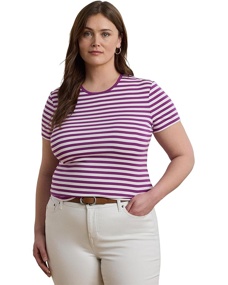 

Футболка Lauren Ralph Lauren Plus Size Striped Stretch Cotton Crewneck Tee, цвет Purple Dawn/White