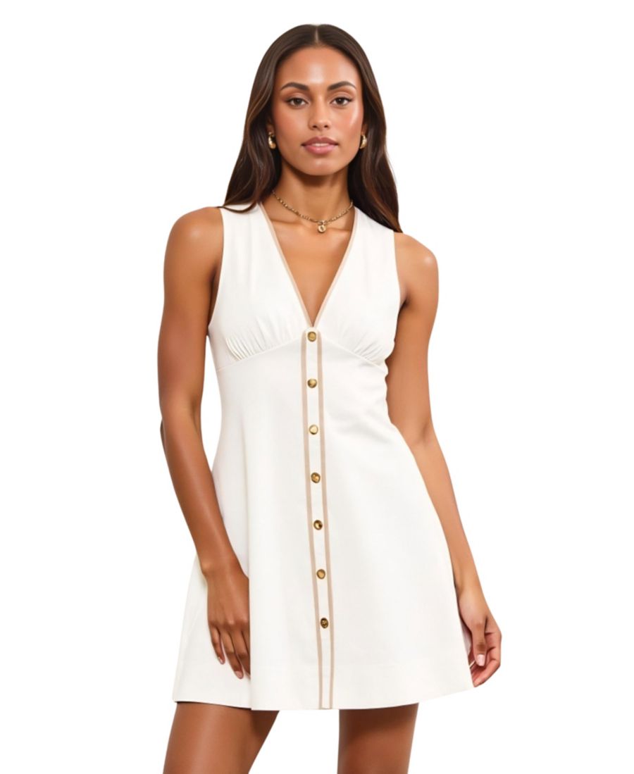 

Женское мини-платье с V-образным вырезом, без рукавов, на пуговицах спереди и контрастной отделкой Modenaire, White