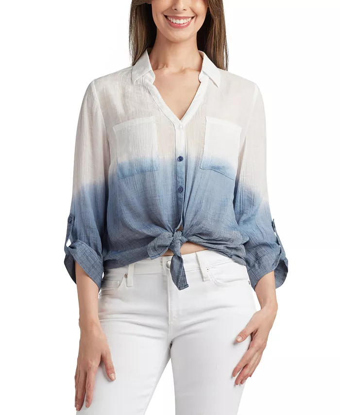 

Женская блуза с эффектом омбре и текстурой газа на пуговицах Juniors' Dip Dye Gauzy-Texture Button-Down BCX, мультиколор