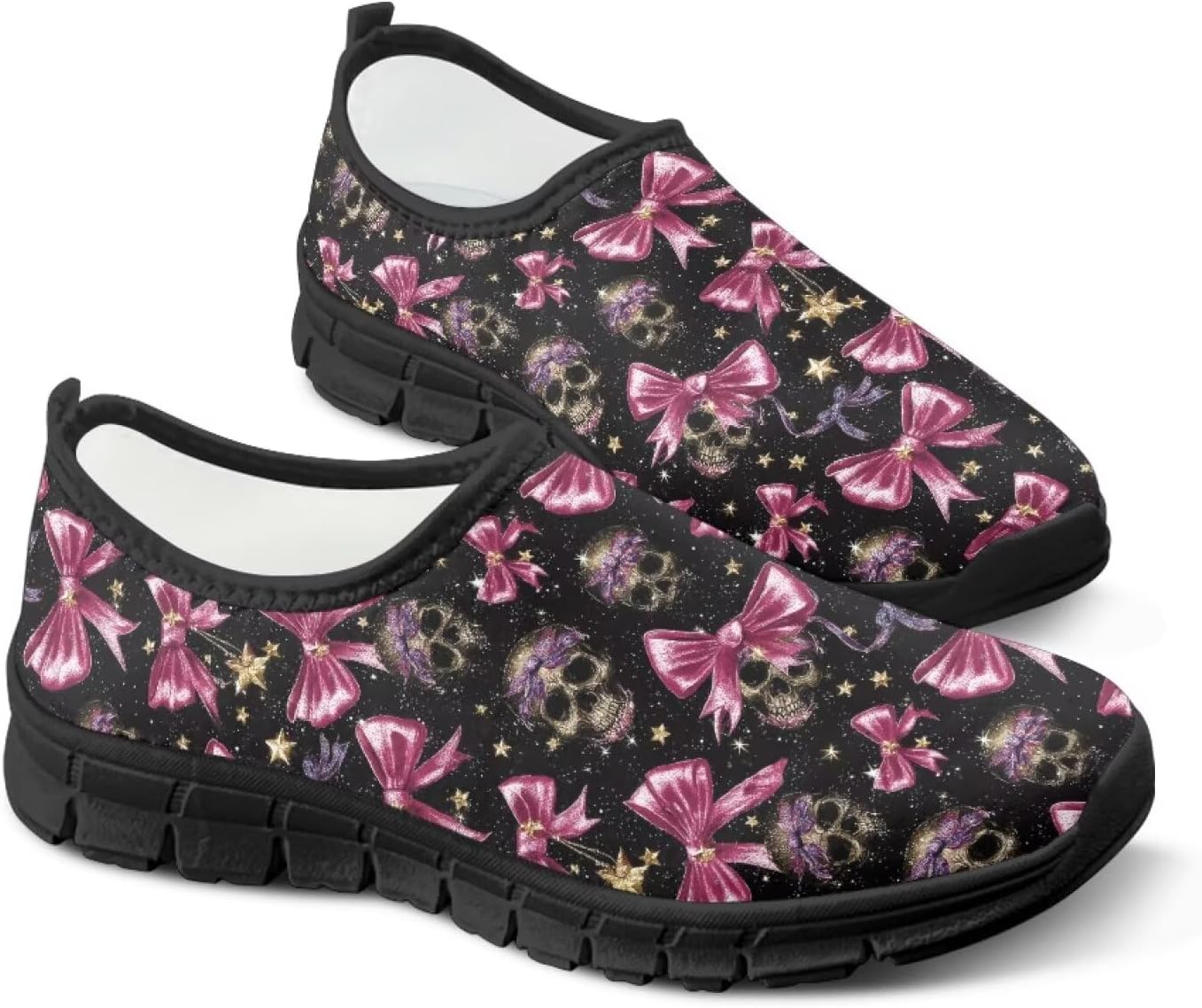 

Женские кроссовки Fonplted без шнурков для прогулок, модные повседневные кроссовки, обувь на Хэллоуин для взрослых унисекс, Tie Bow Skull