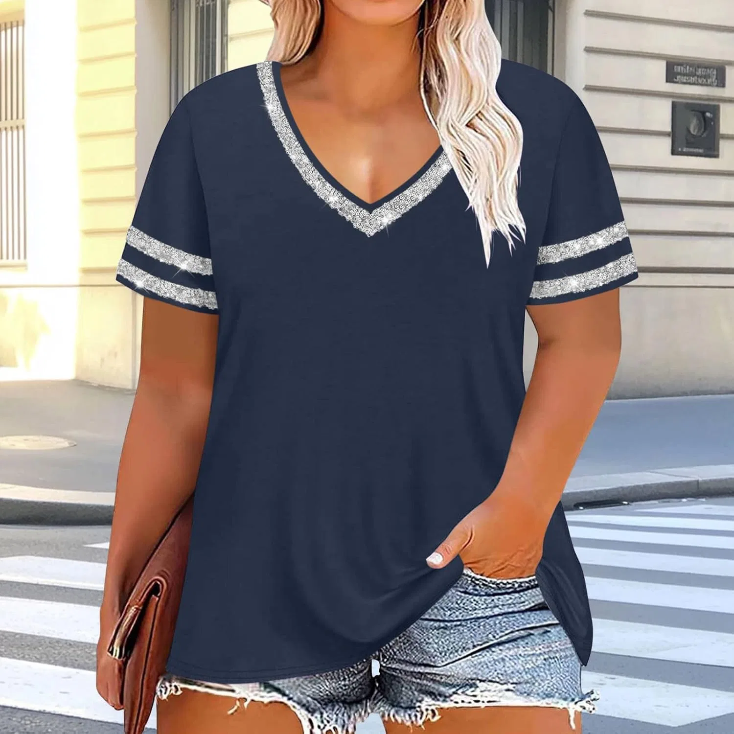 Футболка с V-вырезом и цветовым блоком, Plus Size, Navy — фото 2