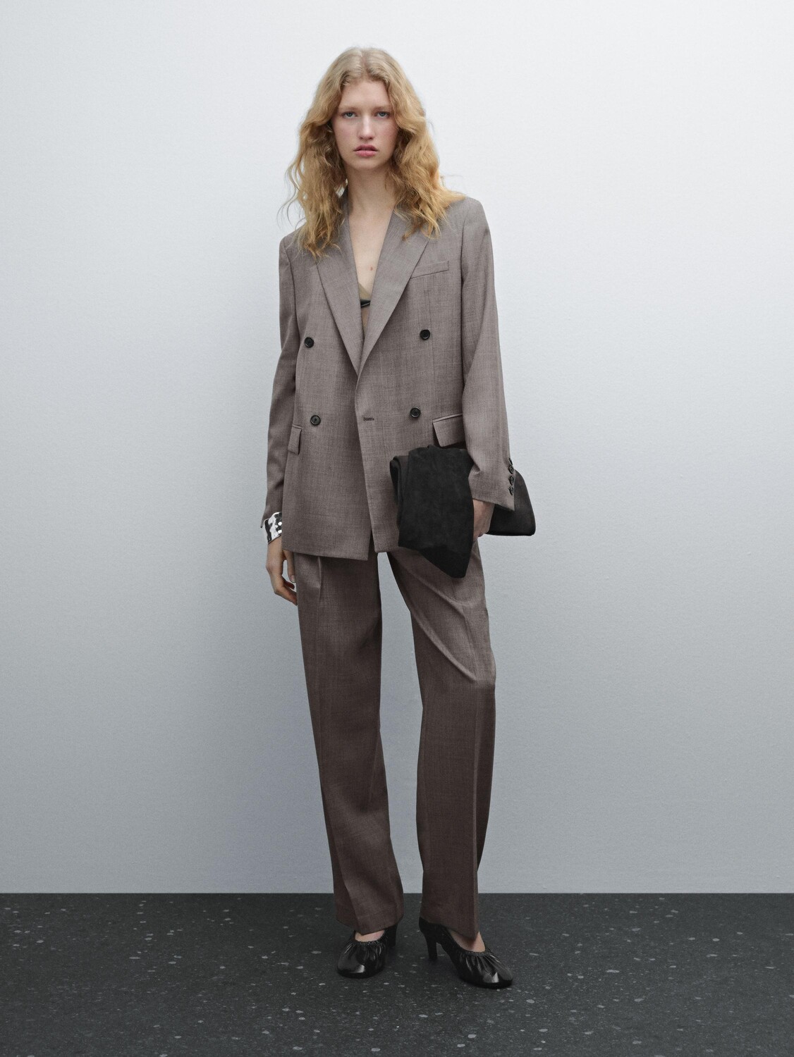 

Двубортный блейзер из меланжевой шерстяной смеси Massimo Dutti, серый