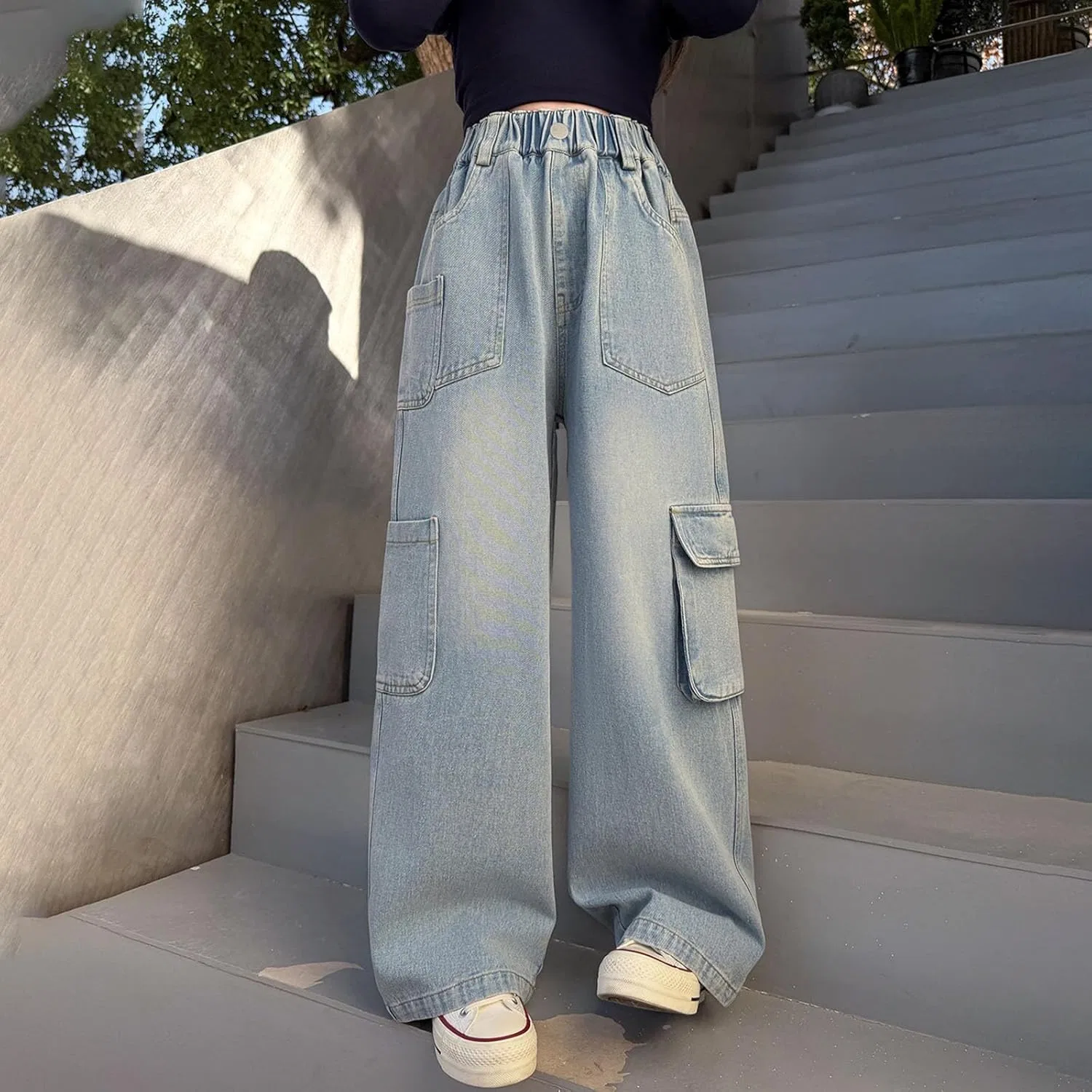Джинсы карго, свободные, Wide Leg High Waist, Blue-04 — фото 3