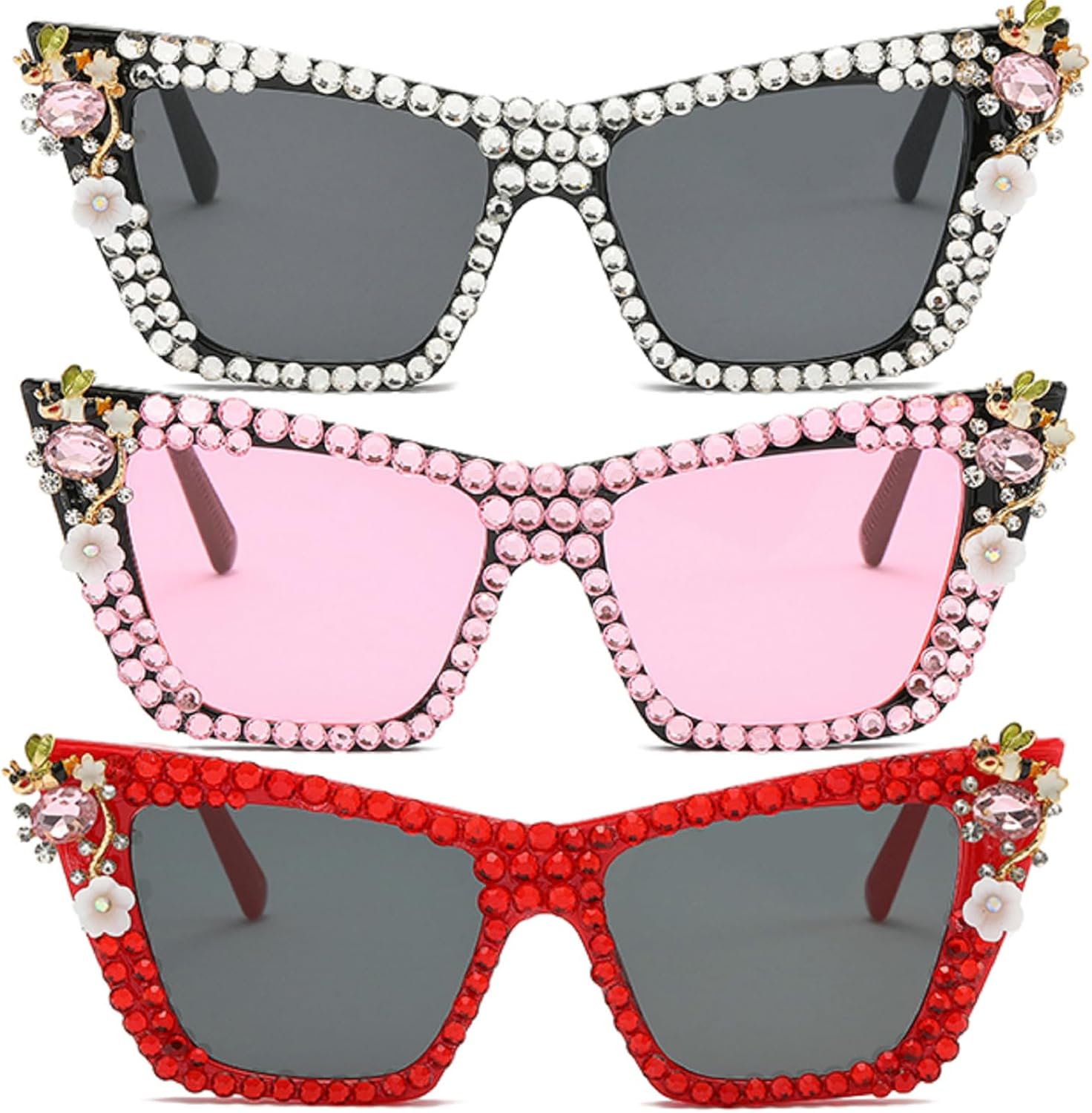 

Модные женские солнцезащитные очки «кошачий глаз» с бриллиантами, сверкающими кристаллами, в стиле ретро, ​​с блестками и стразами для вечеринок mincl, 3pcs-black&pink&red