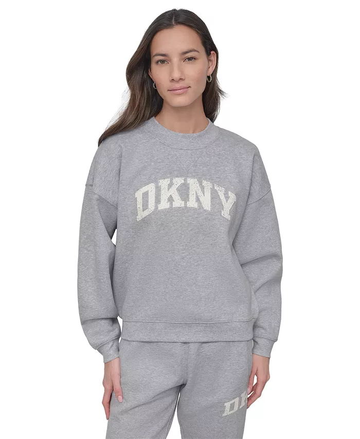 

Женский топ с круглым вырезом и логотипом из страз DKNY, серый