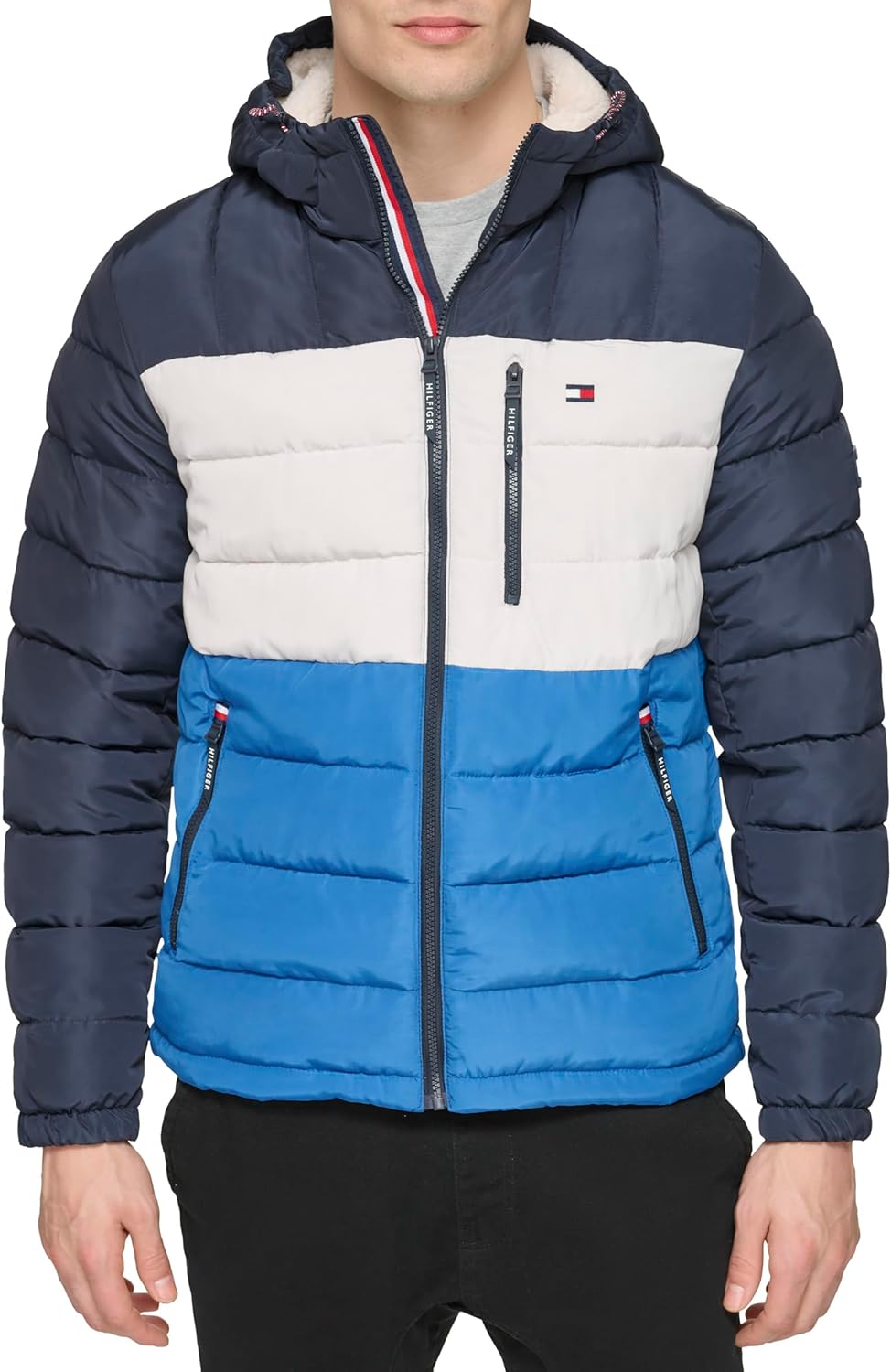 

Мужская куртка Tommy Hilfiger средней толщины с подкладкой из шерпы и капюшоном, водонепроницаемая, Blue Combo Tech