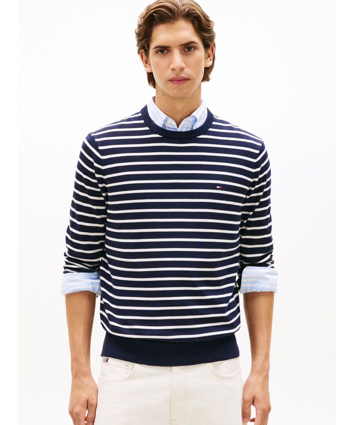 Хлопковый вязаный пуловер с круглым вырезом TOMMY HILFIGER, Navy 0A5