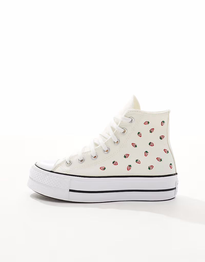 Кеды Converse Chuck Taylor All Star Lift Hi кремового цвета с вышитыми клубниками — фото 2