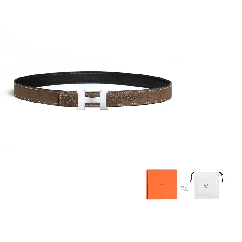 

HERMES Кожаный ремень женский черный слоновая кость ширина 2.4 см, Elephant Gray/Black